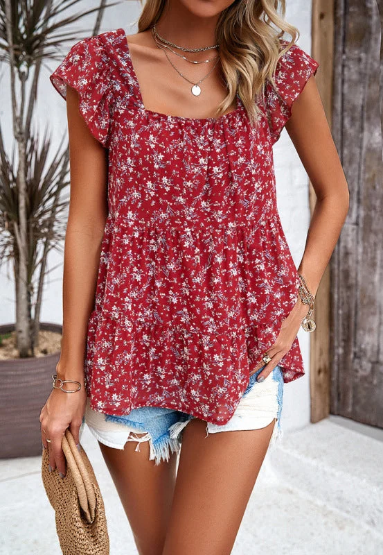 Floral Print Flowy Blouse with Tiered Ruffles and Cap SleevesWrap Shirts