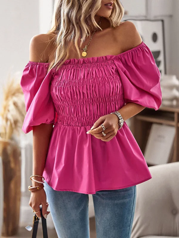 Solid Off-Shoulder Blouse - Smocked Peplum TopChambray Shirts