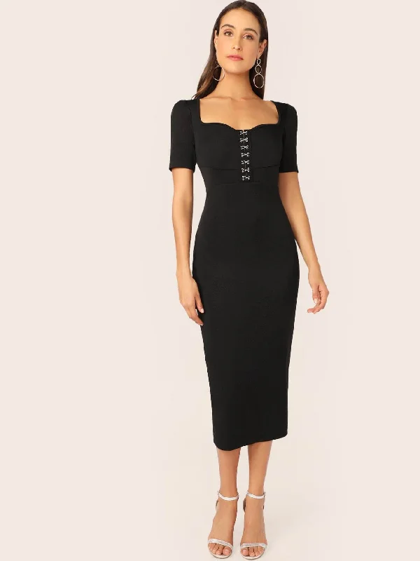 Hook and Eye Front Sweetheart Neck Pencil Dress