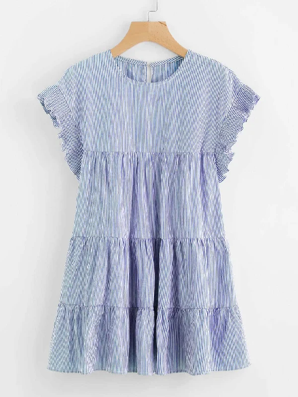 Vertical-Striped Tiered Peasant Frill Dress