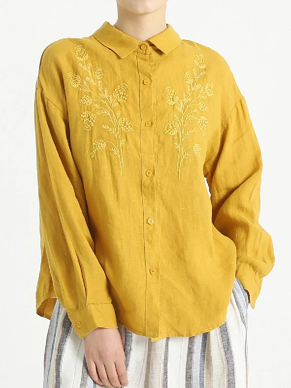 Plus Size Women Long Sleeve Linen Embroidered Loose ShirtWomen's luxury tops