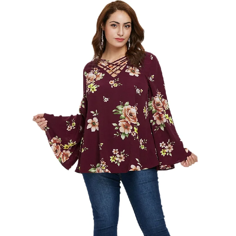 Plus Size Criss Cross Floral Blouse Fall Casual V Neck Print Bell Sleeve Blouses Shirts Ladies Tops Pullover Blusas 5XLLarge women's sun protection tops