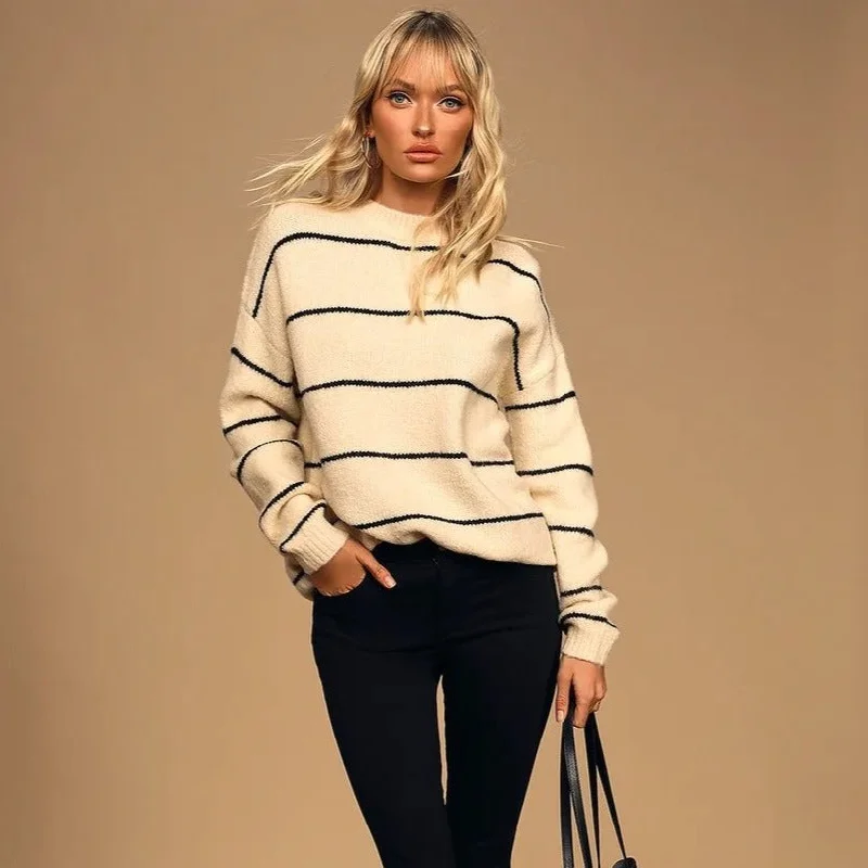 Band Merch Knit TopsStripe Long Sleeve Sweater (Black + Cream)