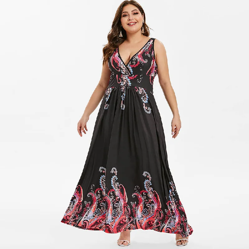 Rosegal Plus Size V Neck Tribal Print Maxi Dress Bodycon Bohemian Sleeveless V-Neck Summer Dress Women Robe Femme Vestidos 2019