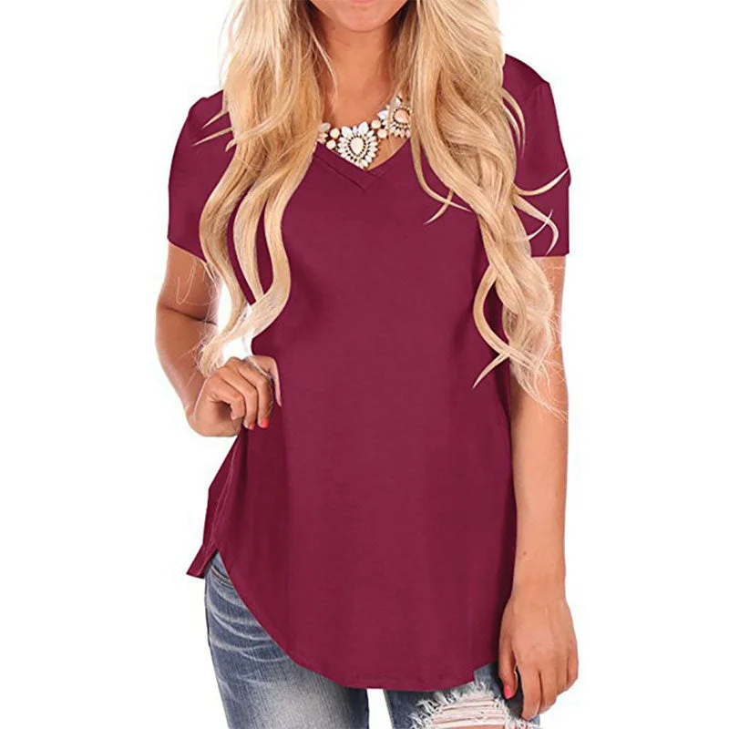 Solid V-neck Short Loose T-shirts Women Casual Round Long Hem Pullovers Tees Ladies Fashion Tops Summer New Plus Size MulticolorLarge women's long tops