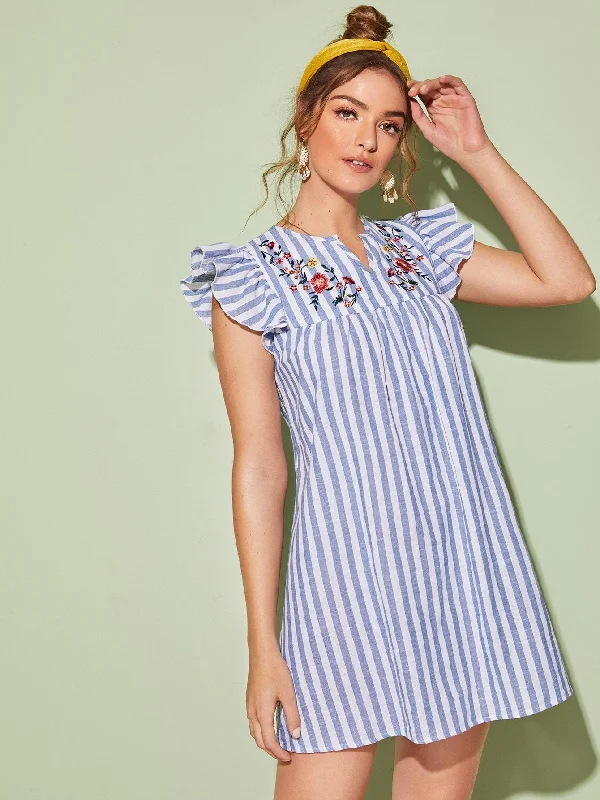 V-neck Ruffle Armhole Embroidery Striped Dress