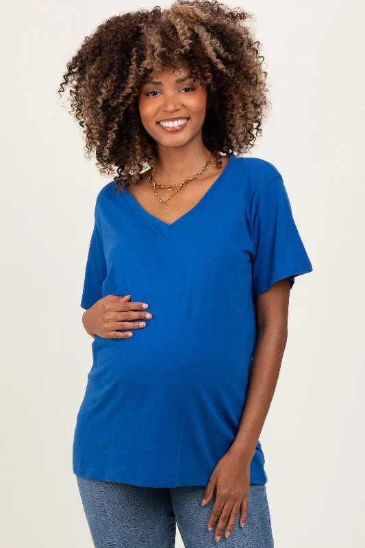 Royal Blue Oversized V-Neck Short Sleeve Maternity TeeLarge women's breathable tops