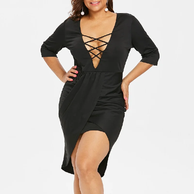 Rosegal Plus Size Criss-Cross Sexy Plunging Neck Bodycon Dress Women High Waist Sheath Dress Black Summer Club Dresses Vestido