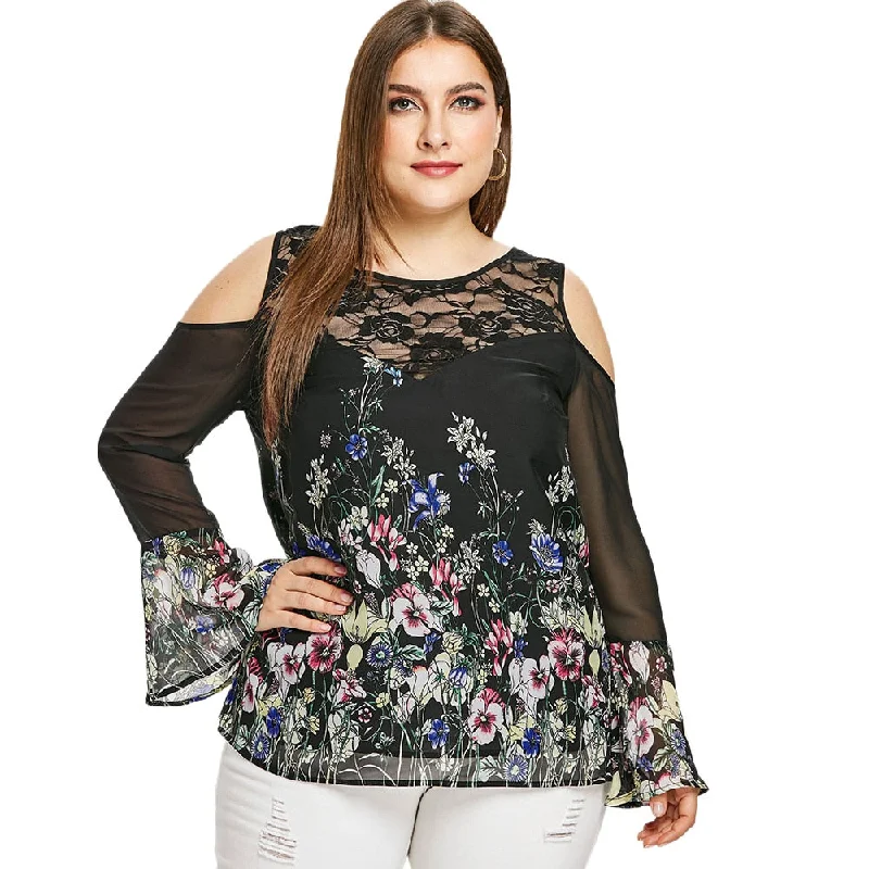 Plus Size Sheer Bell Sleeve Cold Shoulder Blouse Women O Neck Long Sleeves Lace Floral Print Blouses Shirts Ladies TopsWomen's autumn tops