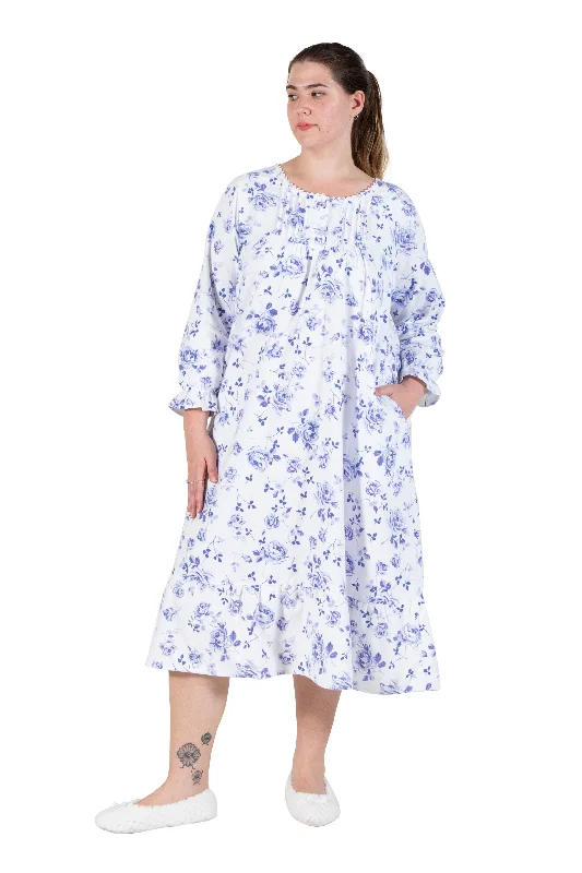 La Cera Plus Size Porcelain Blue Floral Flannel GownPlus size women's off-the-shoulder tops