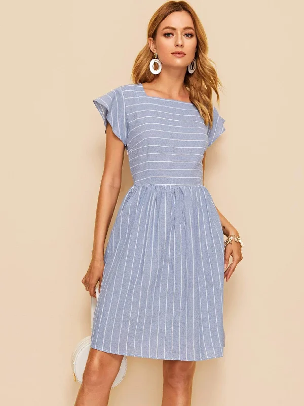 Striped Square Neck Fit & Flare Dress