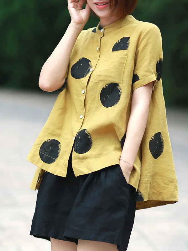 Plus Size Polka Dot Cotton Linen Stand Collar ShirtPlus size women's printed tops