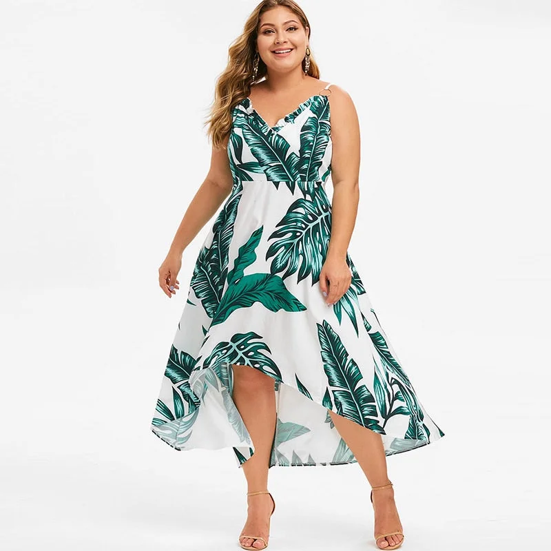 Women Summer Plus Size Floral Dress Sleeveless Spaghetti Strap Vacation Maxi Dress Tropical Leaf Print Sexy Long Dress