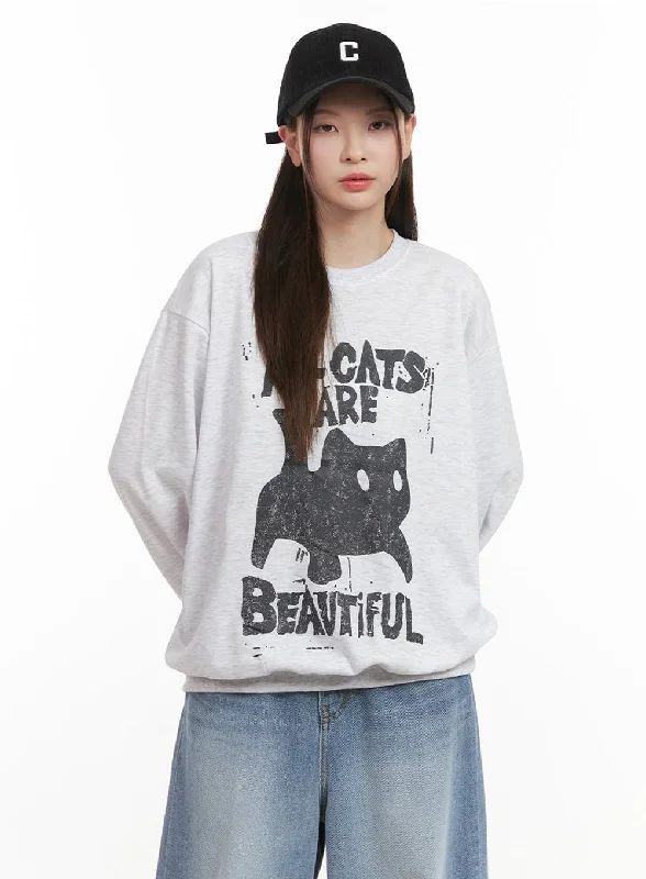 Oversized Cat Graphic Crew Neck IJ527Plus size women's denim tops