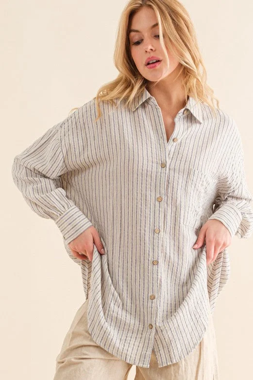 Blue Stripe Oversized Button Down ShirtLarge women's polyester tops