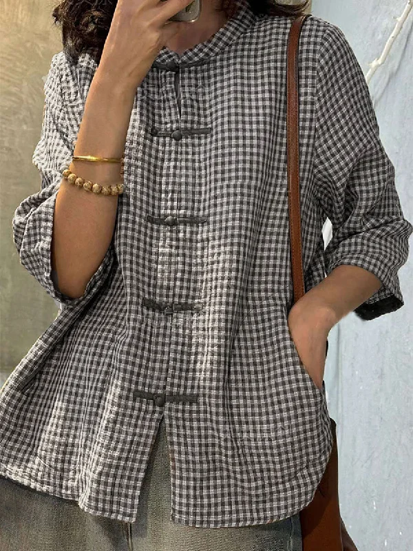 Plus Size Women Retro Plaid Summer Cotton Button-up ShirtWomen's wedding tops