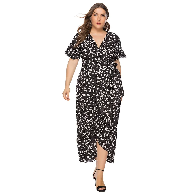 Plus Size Dress Fashion Sexy Floral Print Knot Split Short Sleeve V Neck A-Line Maxi Dress Long Bodycon Summer Dress