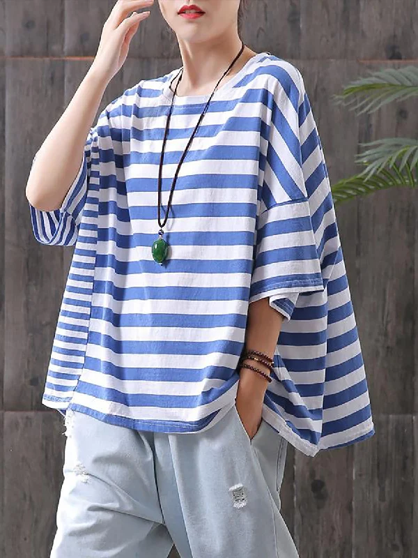 Plus Size - Buykud 100% Cotton Striped Casual T-ShirtLarge women's velvet tops