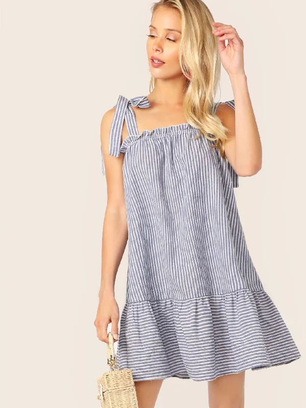 Knot Shoulder Drop Waist Striped Dress