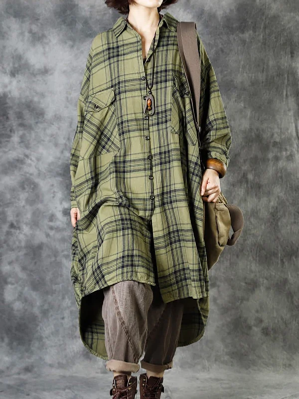 Plus Size Women Autumn Casual Pocket Plaid CoatLarge women's slim tops