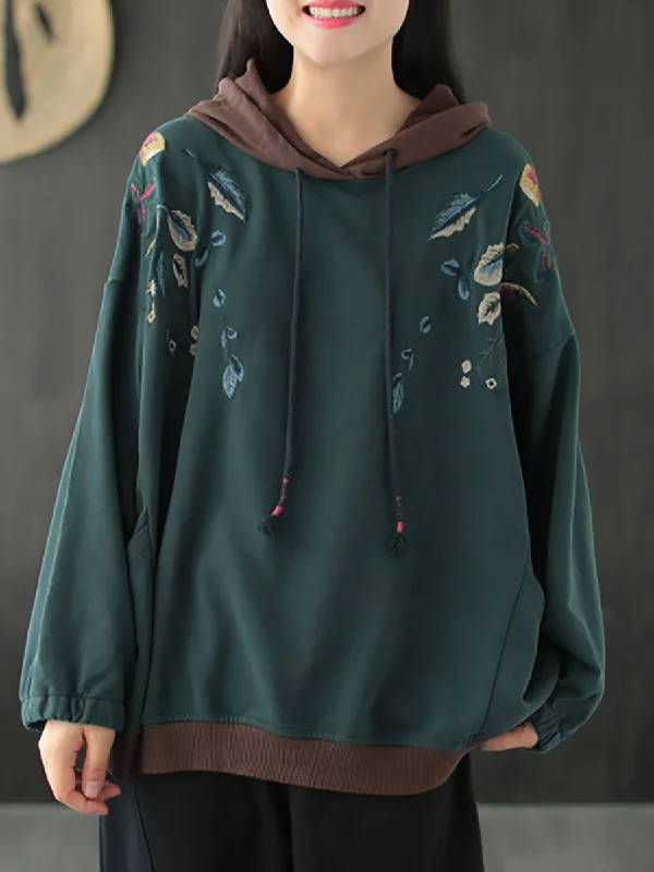 Plus Size Women Autumn Leaf Hooded Colorblock 100%Cotton SweatshirtPlus size women's chiffon tops