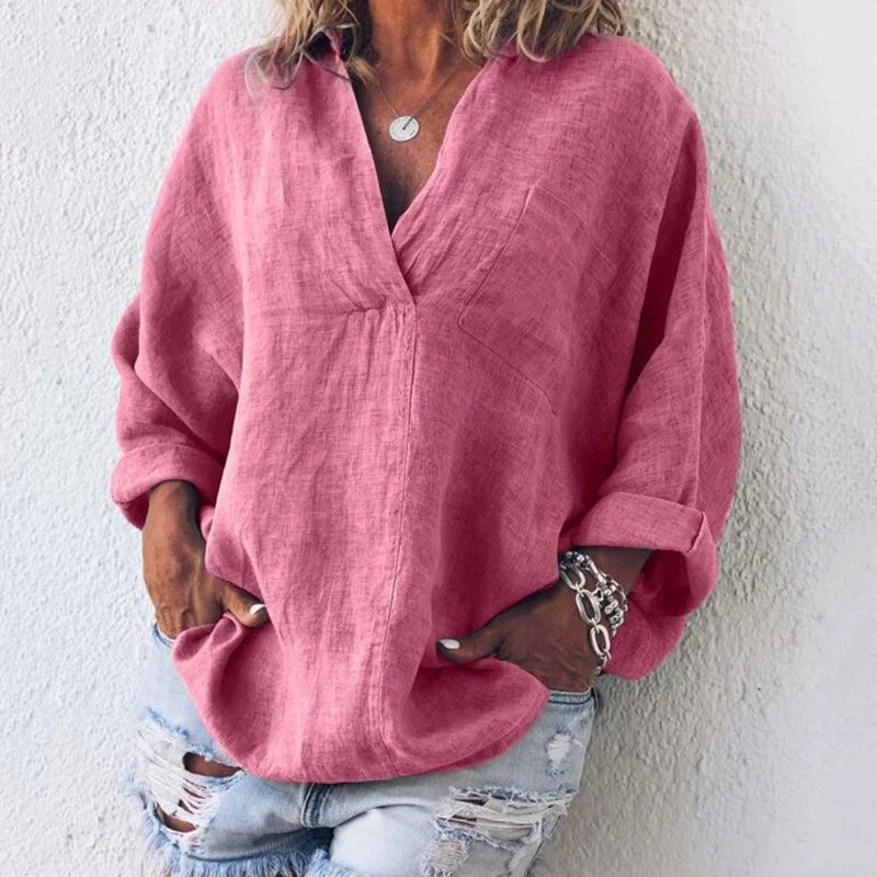 Solid V-neck Loose Shirts Women Casual Long Sleeves Pockets Pullovers Summer Ladies Simple Breathable Blouses Plus Size 5XL NewLarge women's polyester tops