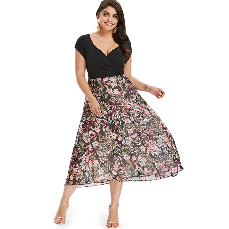 Tropical Floral Plus Size A-Line Dress Short Sleeves V-Neck High Waisted Dress Daliy Casual Office Summer Vestidos 2019