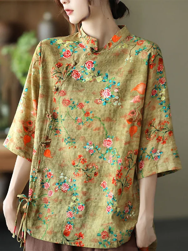 Plus size - Cotton Linen Floral Irregular Vintage ShirtPlus size women's cotton tops