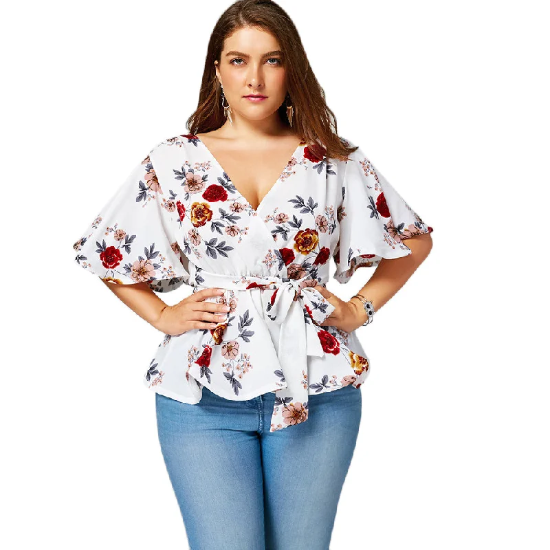 Plus Size Floral Belted Surplice Peplum Blouses Shirts Women Blouses Sexy V Neck Flare Sleeve Beach Chiffon Ladies TopsWomen's thin tops