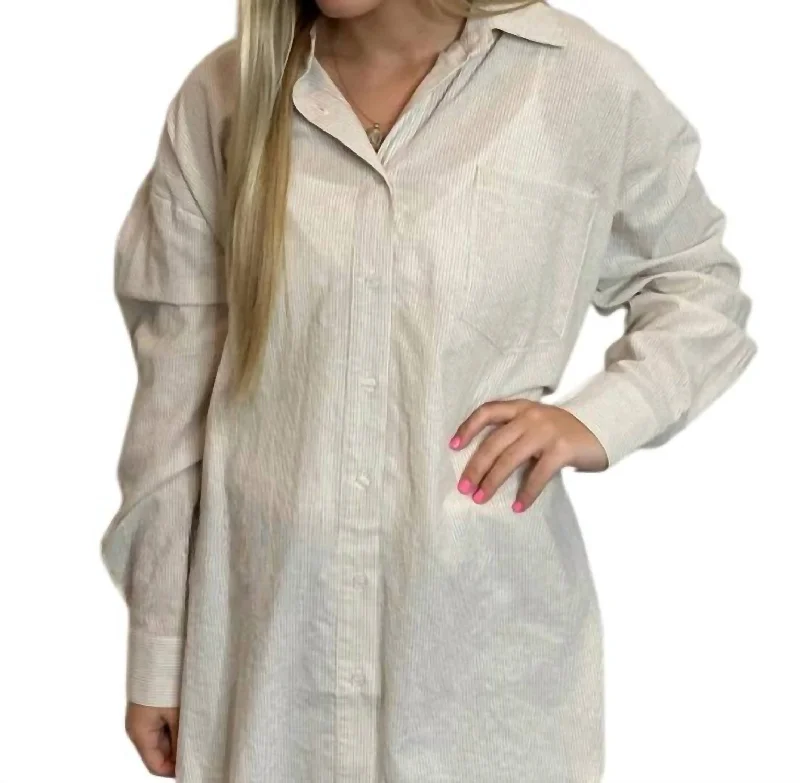 Oversized Mini Stripe Button Down Shirt In KhakiWomen's fitness tops