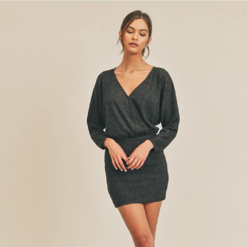 Running Knit TopsFaux Layover Knit Mini Dress (Black)