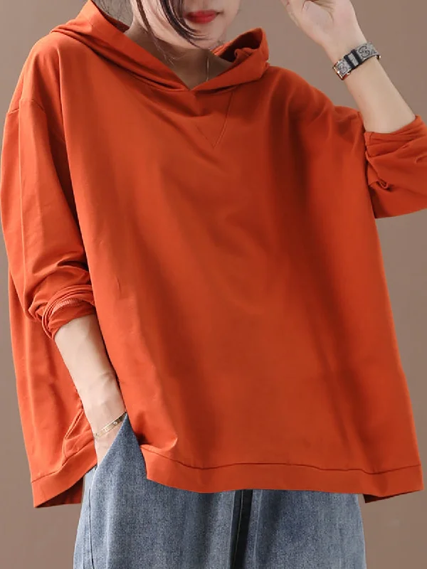 Plus Size Women Solid Color Casual Hooded BlouseKnit Shirt