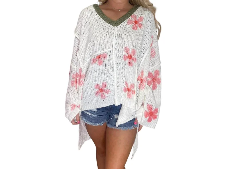 Flower Hooded Oversized Sweater In Ivory/pinkWomen's spring tops