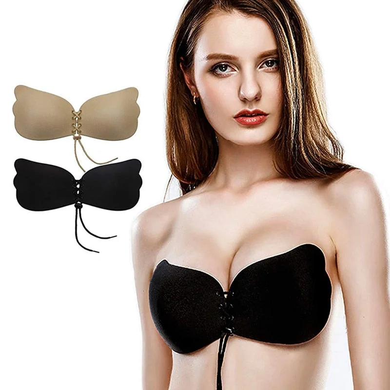 Women Self Adhesive Strapless Bandage Blackless Solid Bra Sticky Gel Silicone Push Up Women's Underwear Invisible Bra Plus SizeWomen's beach tops