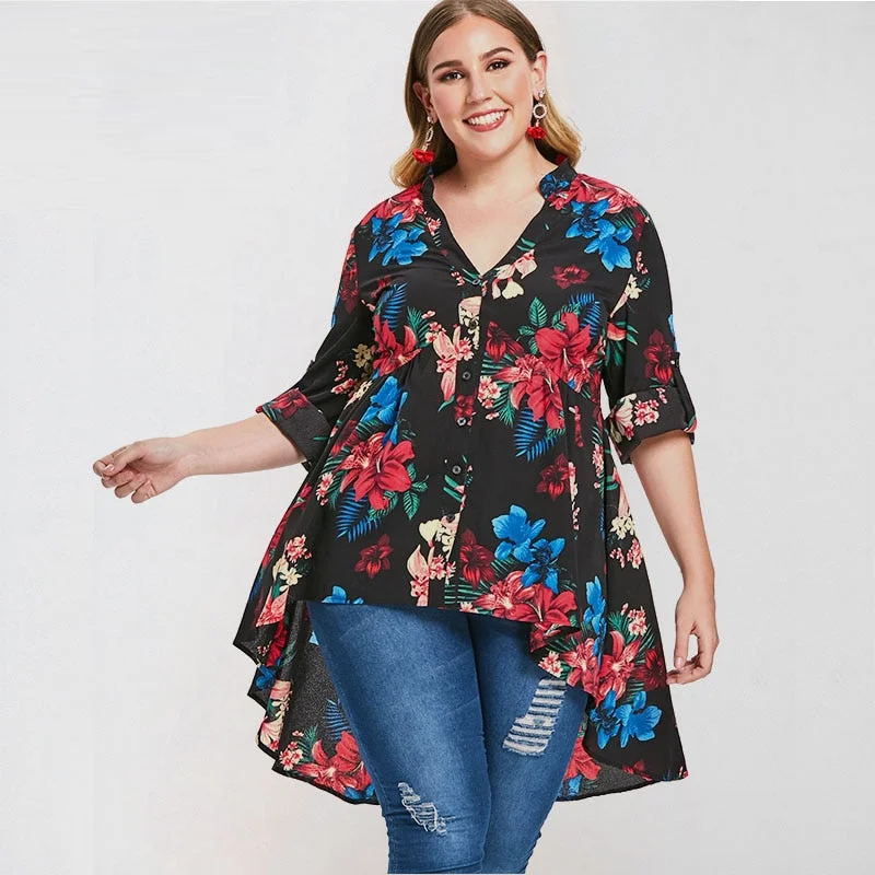 Plus Size Flower Print High Low Hem Blouse Women Tops Vintage V Neck Full Sleeve Long Blouses Shirts Ladies ClothesLarge women's windproof tops