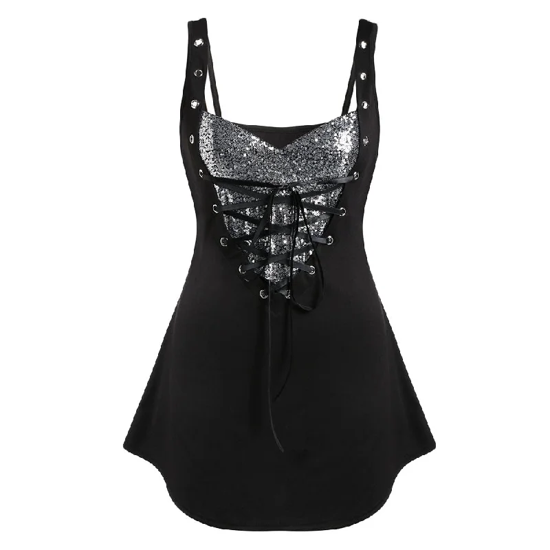 Rosegal Plus Size Sweetheart Neck Glitter Rings Tank Top Sleeveless Casual Women Sequined Tops Gothic Lace up Sexy Party TopsPlus size women's evening tops