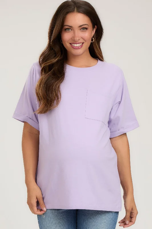 Lavender Oversized Pocket Front Short Sleeve Maternity TopWomen's thick tops