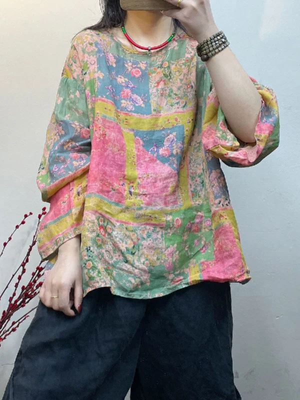 Plus Size Women Spring Vintage Floral Print Loose Thin ShirtLarge women's belly-baring tops