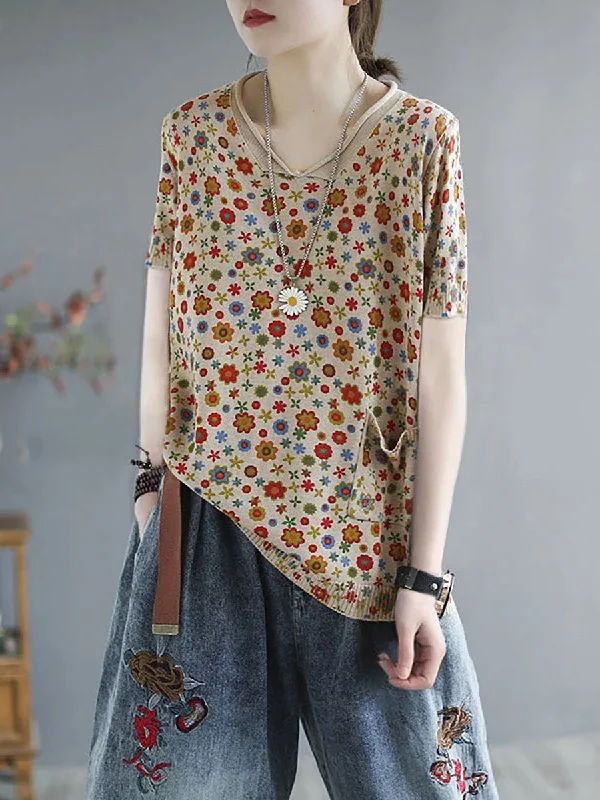 Plus Size Women Summer Casual Flower Knitted ShirtKnitted Shirt