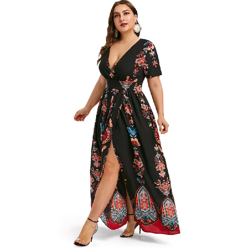 Rosegal Plus Size Printed Maxi Split Dress Short Sleeves Bohemian Beach Style Floor-Length Maxi Dress Bodycon Long Party Dress