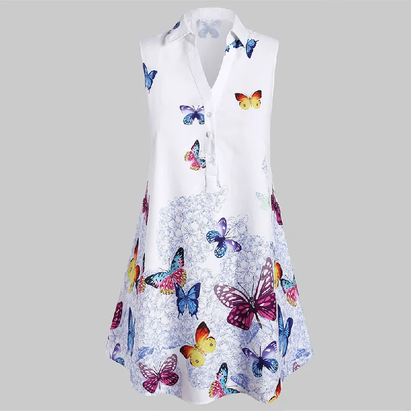 ROSEGAL Tank Tops Plus Size Sleeveless Longline Butterfly Print Graphic Shirt Collar Tops V-Neck Women Summer Long Tanks 5XLPlus size women's printed tops