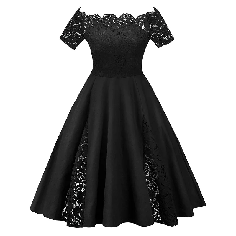 Lace Panel Off The Shoulder Plus Size Dress Women Vintage Lace Party Dress Female Solid Slash Neck Short Sleeve Dresses