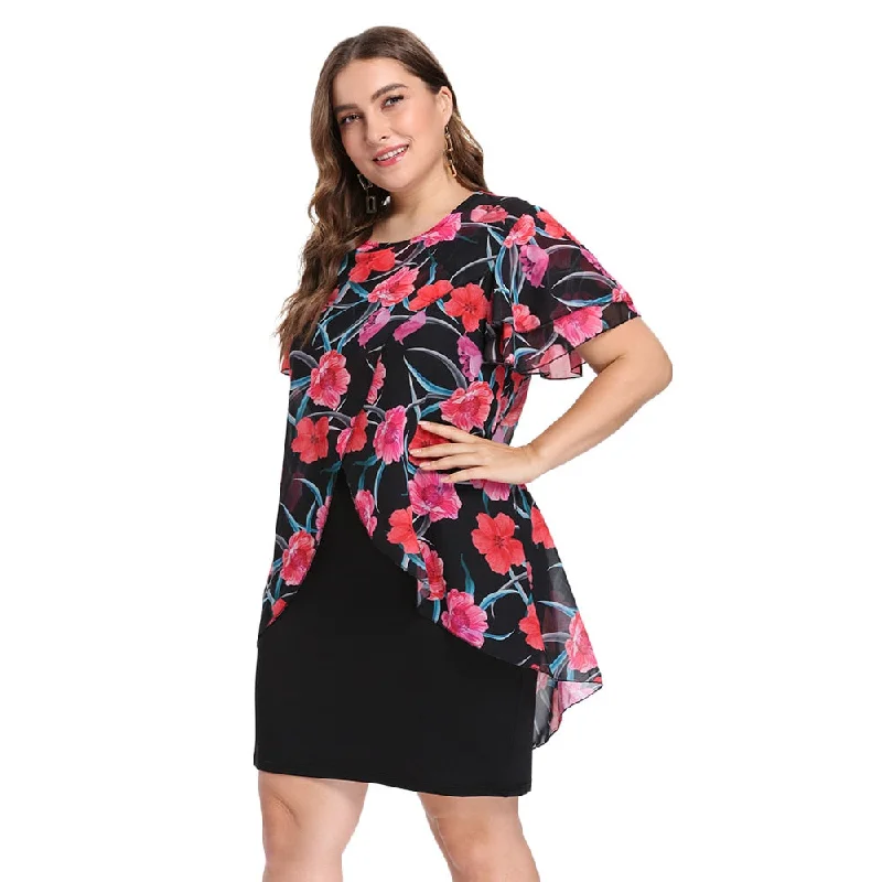 Layered Chiffon Dress Party Mini Bodycon Dress Plus Size Women Short Sleeve Flower Floral Dress Female Vestido On Sale