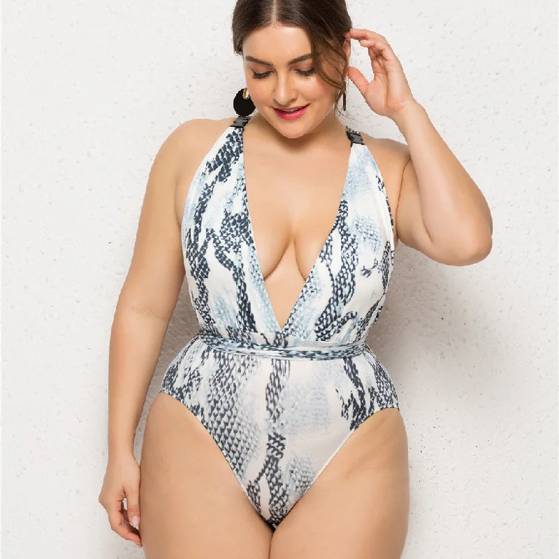 Womail 2019 Women's Plus Size Deep V Piece Printed Backless Strap Bikini One-piece Swimsuit Beachwear Monokini W3064Knitted 