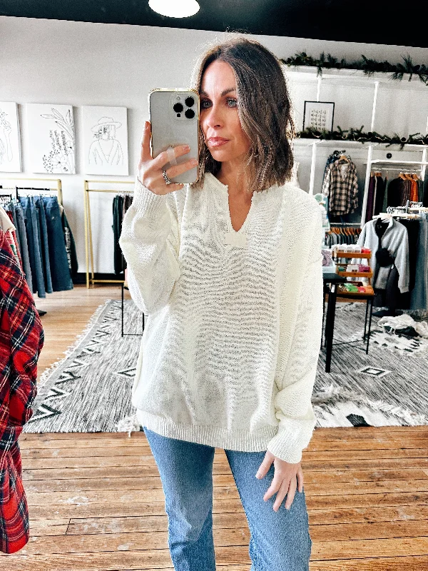 Linen Knit TopsNotched Neck Long Sleeve Sweater-2 Colors