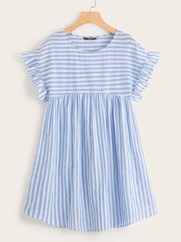 Ruffle Cuff Curved Hem Striped Smock Dress