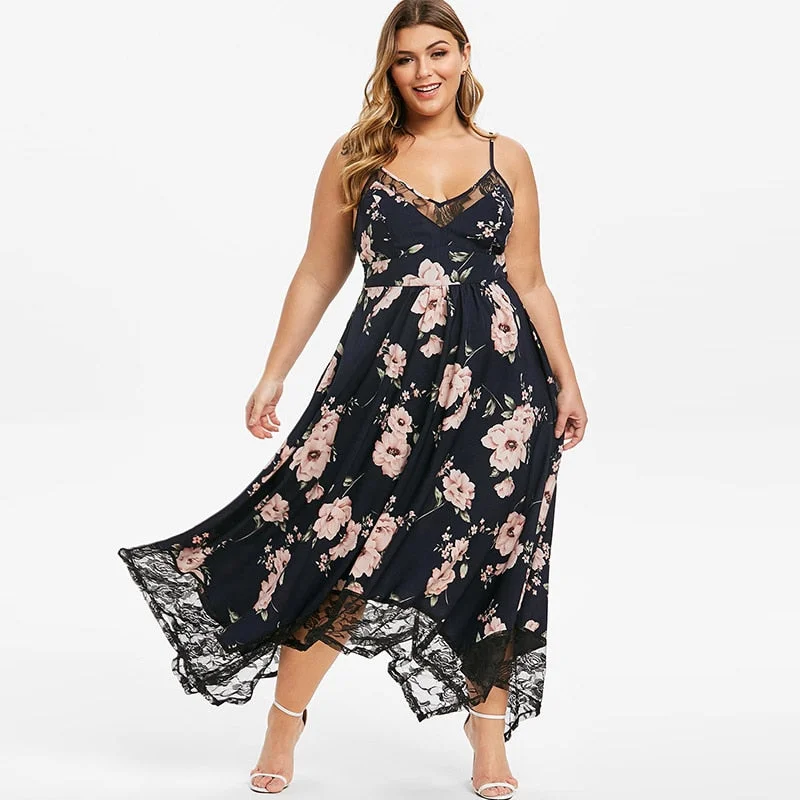 Plus Size Floral Print Lace Insert Handkerchief Dress Asymmetrical Spaghetti Strap High Waist Women V-Neck Sexy Dress