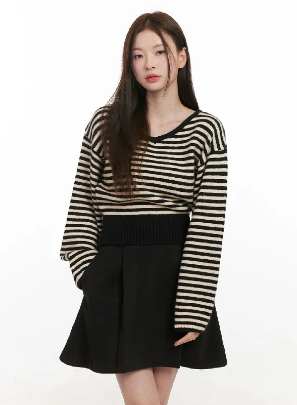 Stripe Oversized V-Neck Sweater IF505Plus size women's knitted tops