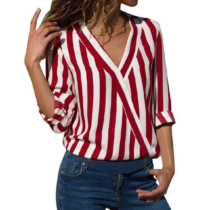 Fashion Striped V-neck Loose Shirts Women Casual Long Sleeve Plus Size Blouses Summer Female Vintage Asymmetry Elegant Tops NewLarge women's blended tops