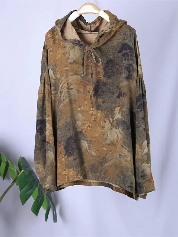 Plus Size Women Vintage Print Spring Hooded SweatshirtPlus size women's lace tops